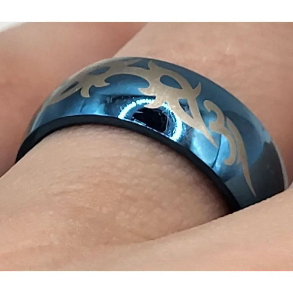 Stainless Steel Laser-Engraved Tribal Blue Anodized Finish Ring Size 8.5